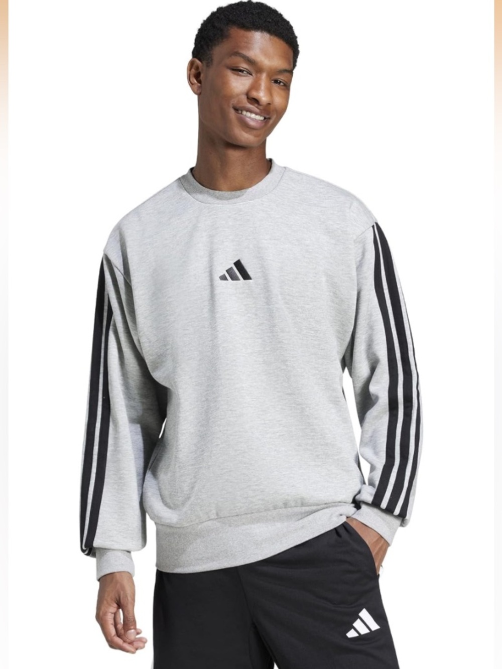 Adidas Essentials Fleece 3-Stripes Sweatshirt Grey Heather Men’s MEDIUM 🖤✨